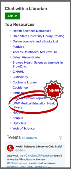 An image showing the new LWW Medical Education Health Library resource circled and with a callout that it is new